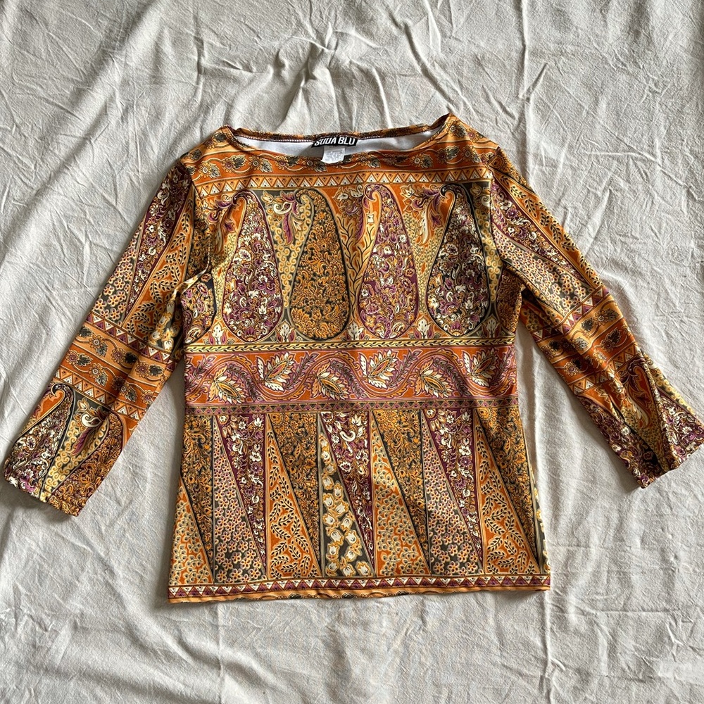 90s unique paisley 3/4 sleeve hippie top